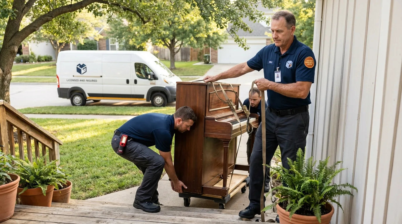 Licensed piano movers securing grand piano in Creswell, OR