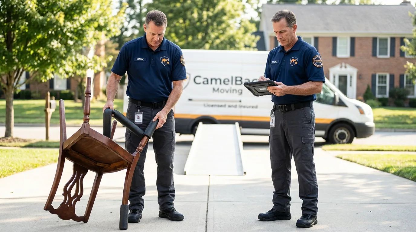 Movers inspecting furniture for damage prevention before loading in Creswell, OR