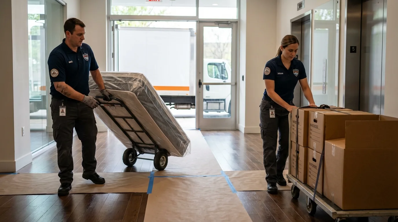 Professional apartment movers loading elevator in Creswell, OR