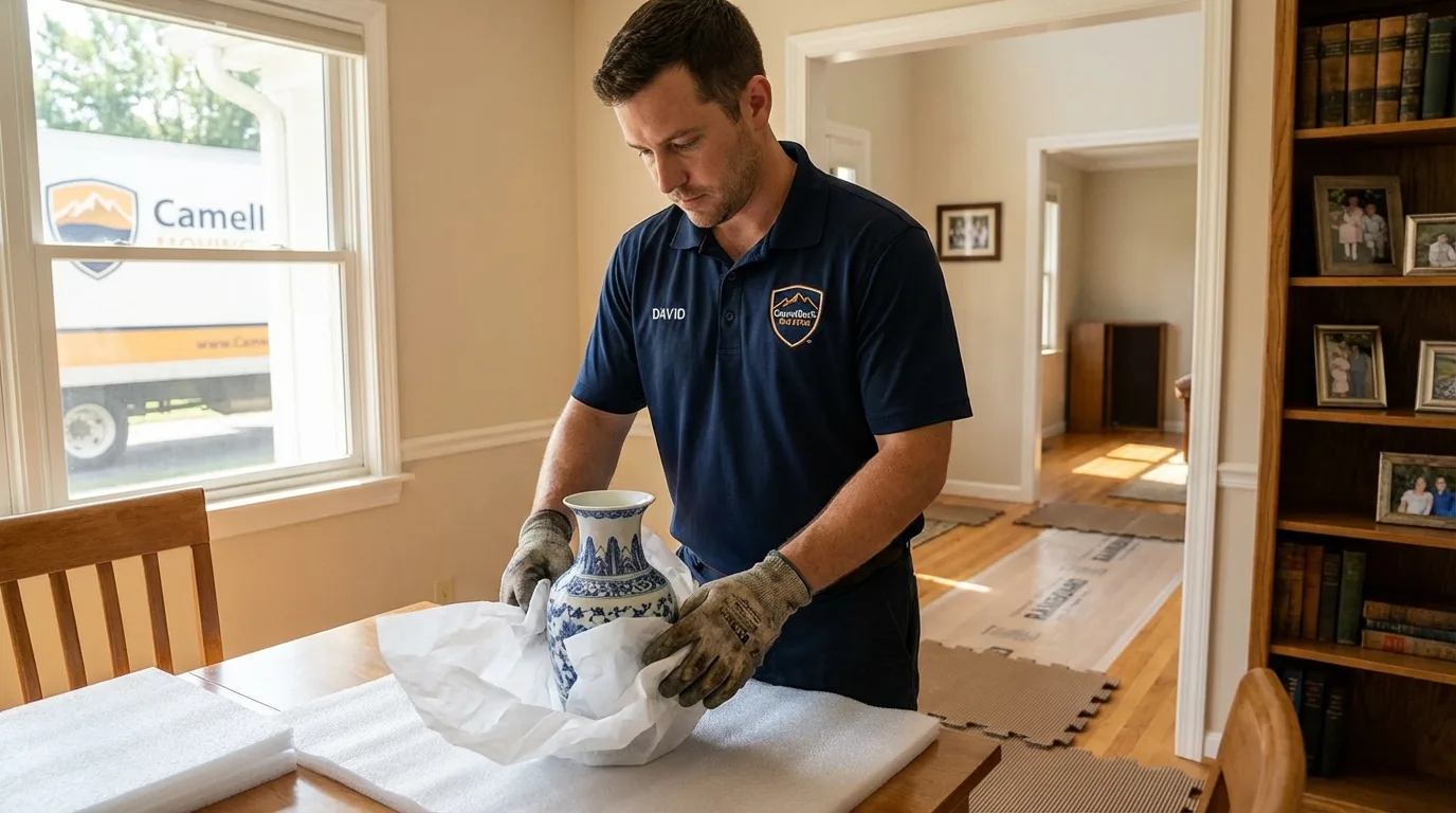 Professional crew carefully wrapping antique vase for senior downsizing move in Creswell, OR